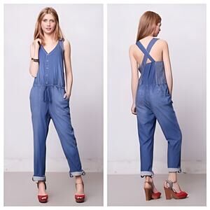 Anthropologie Holding Horses Tencel Chambray Overall Jumpsuit Women Sz 8